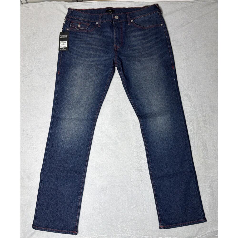 NWT $164 True Religion Ricky Relaxed Straight Jeans - Red Stitching - Size 38/34